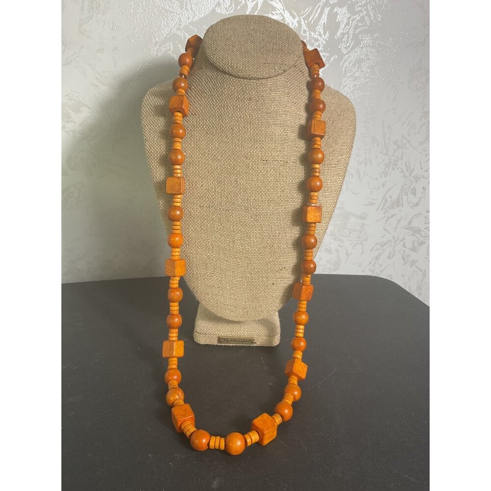 Vintage Wooden Bead Necklace With Geometric Shapes & Earthy Charm